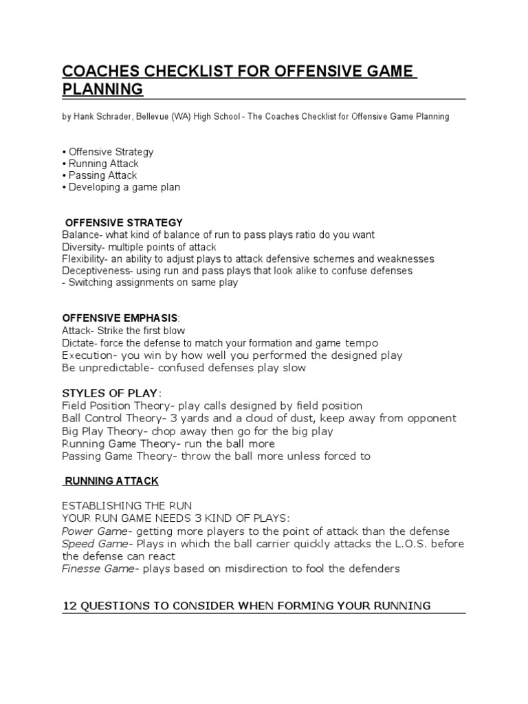 Coaches Checklist for Offensive Game Planning and Goaline Play Calling