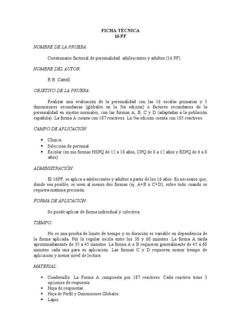 16pf Ficha Tecnica Ansiedad Depresion Estado De Animo