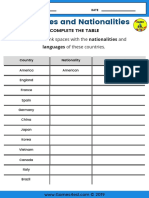 Countries and Nationalities Worksheet Complete The Table