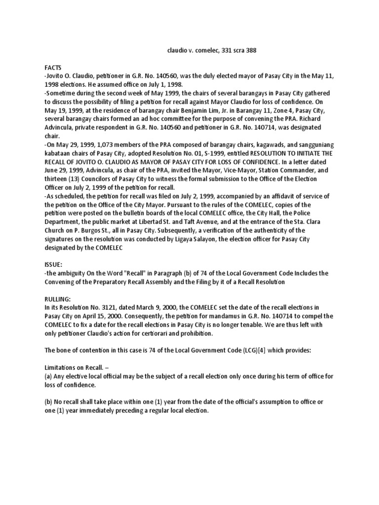 Claudio v comelec 331 scra 388 pdf government justice