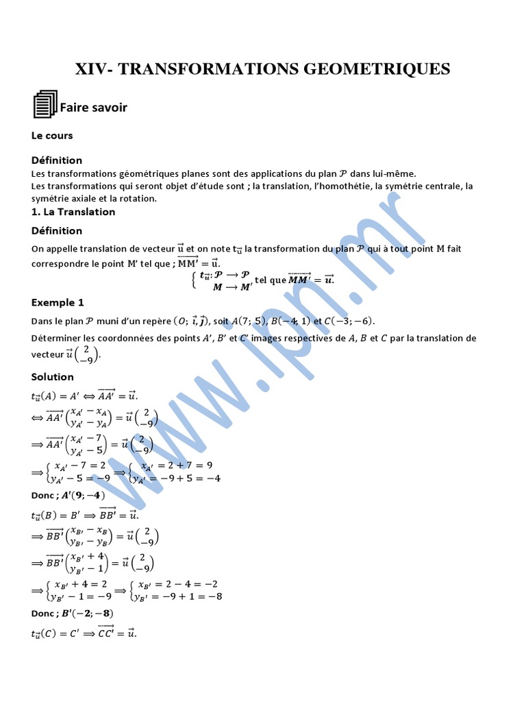 Transformations géométriques : Translation et Homothétie | PDF | Plan ...