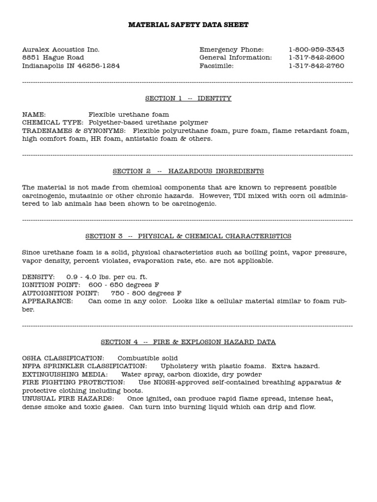 Urethane Foam MSDS Combustion Foam
