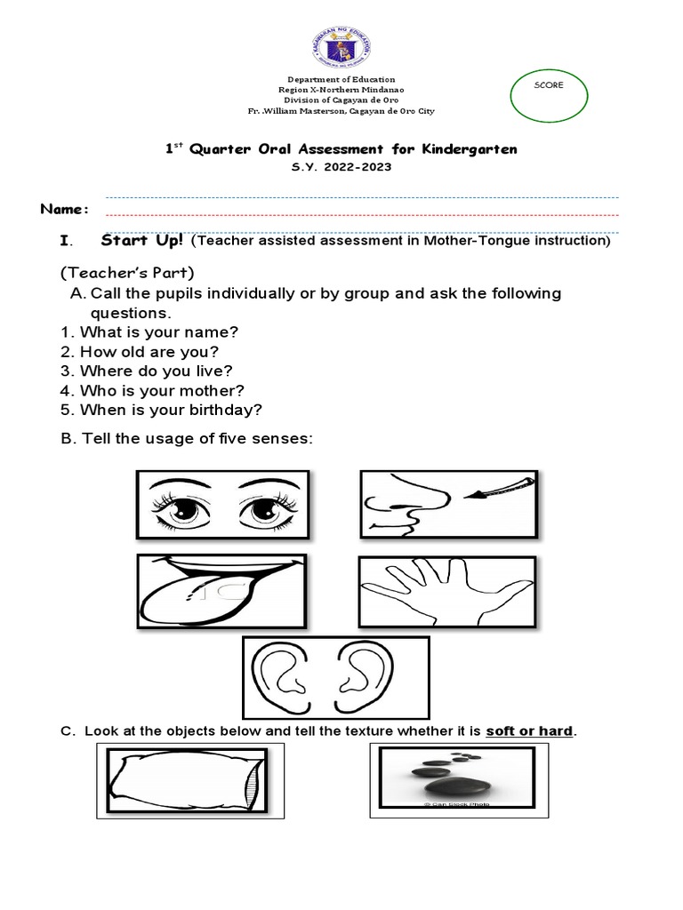 Kindergarten 1st Quarter Oral Assessment | PDF