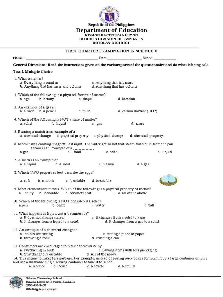 First Quarter Examination in Science V | PDF | Water | Recycling