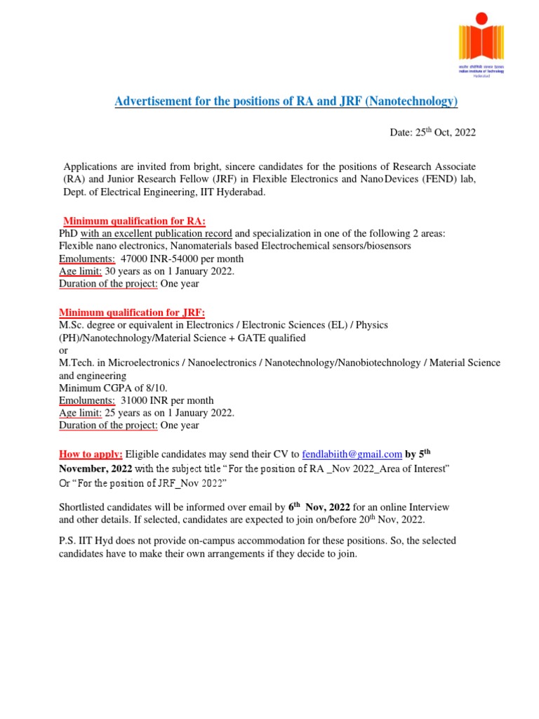RA and JRF Advt in Nanotechnology Nov 2022 | PDF | Computers ...