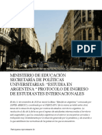 Ministerio de Educación Secretaría de Políticas Universitarias: "Estudia en Argentina " Protocolo de Ingreso de Estudiantes Internacionales