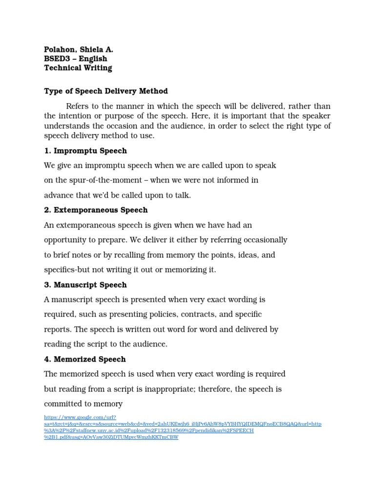 Types of Speech Delivery Methods | PDF | Public Speaking | Rhetoric