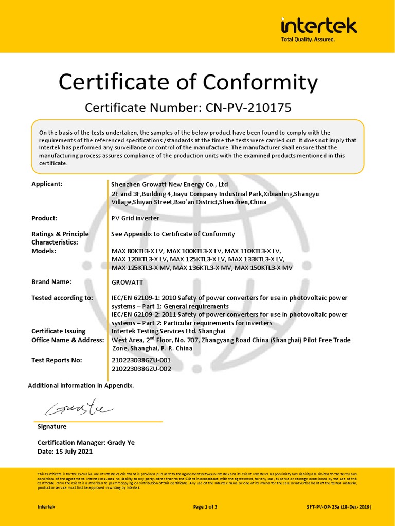 IEC 62109-1 Compliance Certificate | PDF | Photovoltaics | Electrical ...