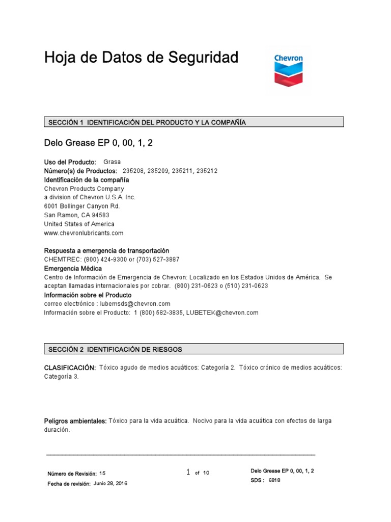 MSDS Chevron Delo Grease Ep 2 PDF Toxicidad Agua