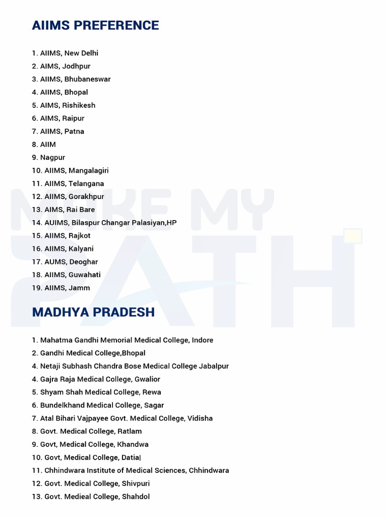 NEET MBBS College Preference List PDF | PDF | Science & Mathematics