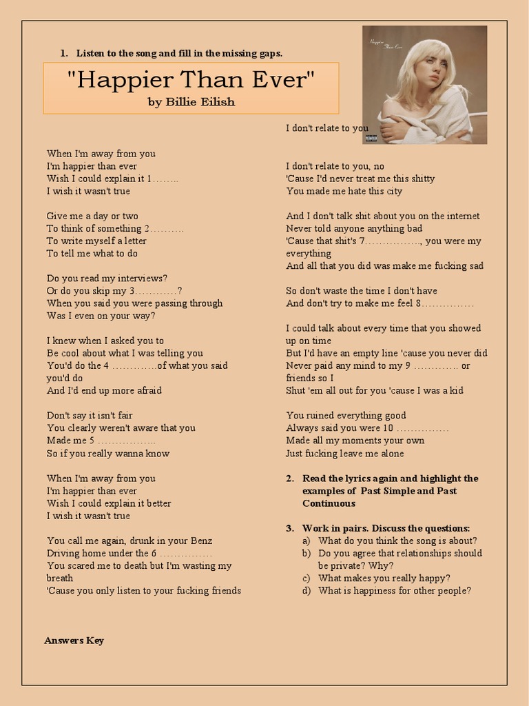 Billie Eilish Happier Than Ever Activities With Music Songs Nursery