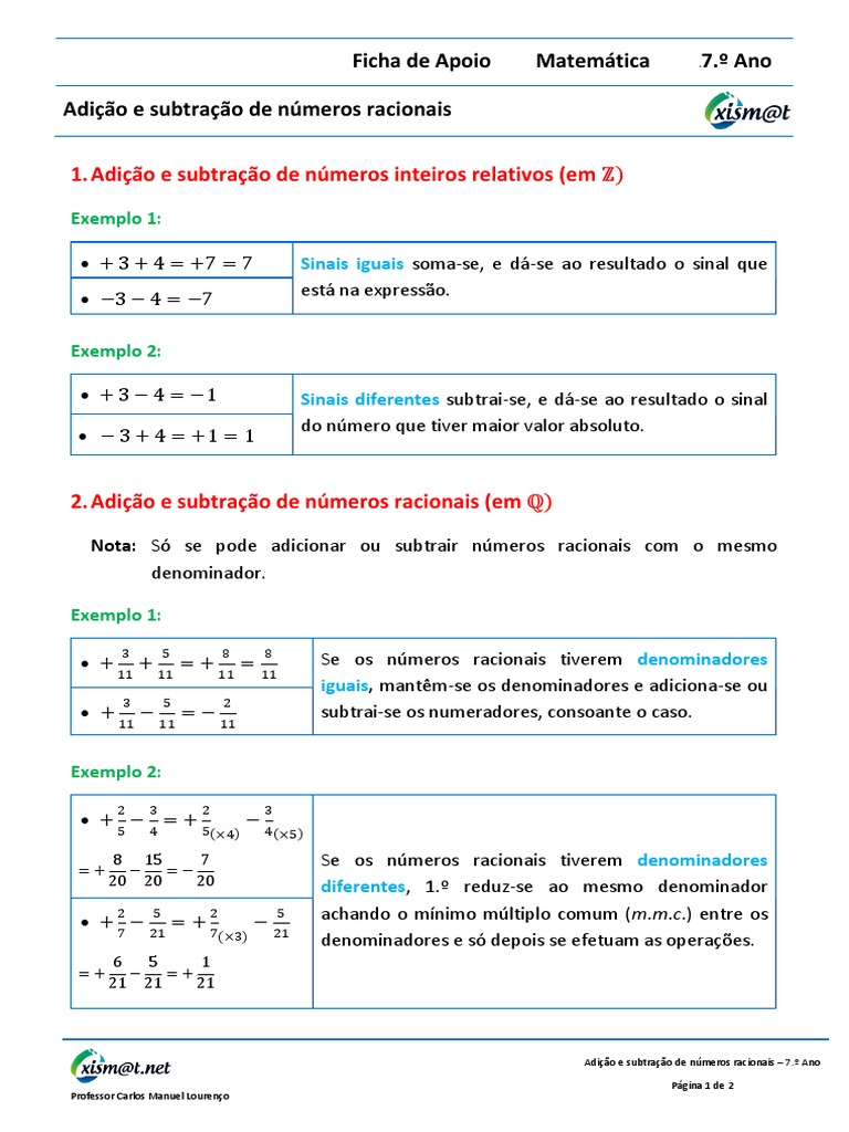 Ficha Apoio 7 - Adicao e Subtracao de Numeros Racionais | PDF | Número ...