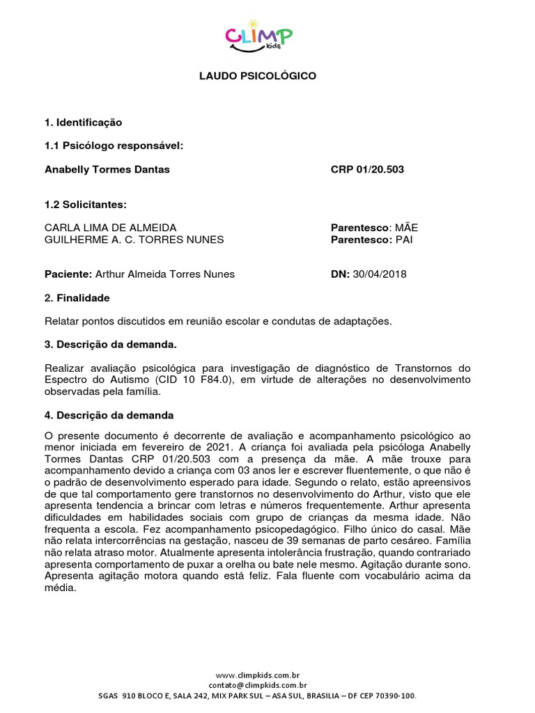Laudo Psicologico 17-05-2021 Anabelly | PDF | Autismo | Psicologia