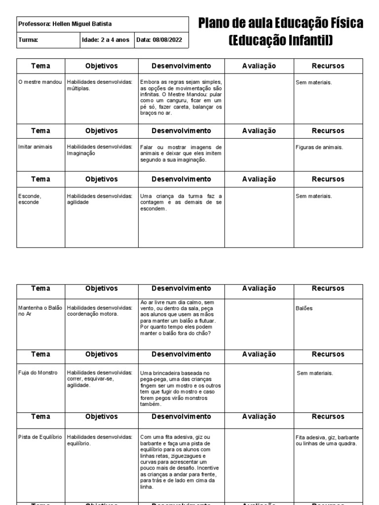 Plano de aula de Educação Física para crianças de 2 a 4 anos com ...