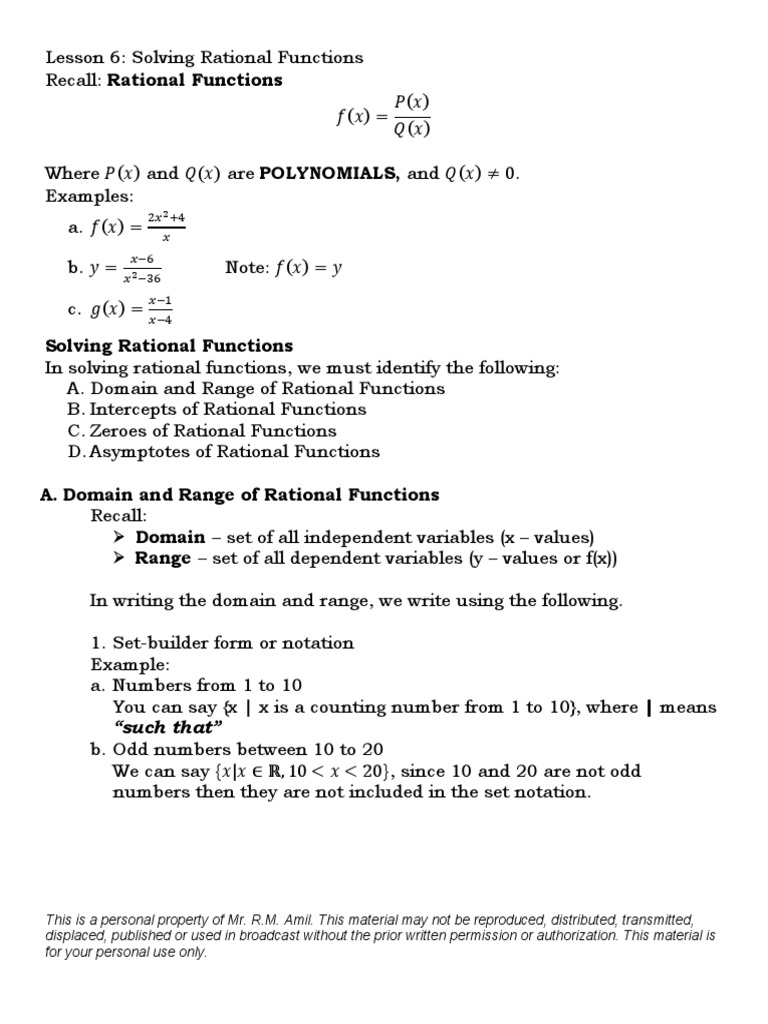 Lesson 6 Solving Rational Functions | PDF | Asymptote | Function ...