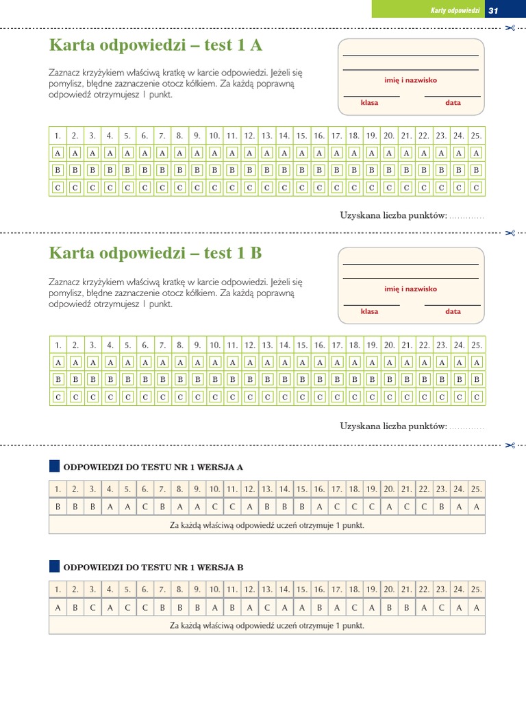 Unit 4 Test A Odpowiedzi Karty odpowiedzi - testy 1A i 1B: Dokumenty zawierające karty