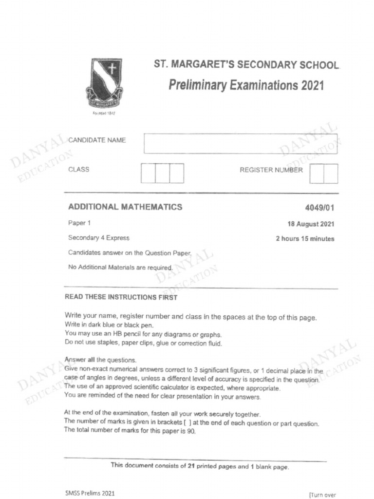 St. Margaret's Secondary School Math Prelims | PDF | Mathematics ...