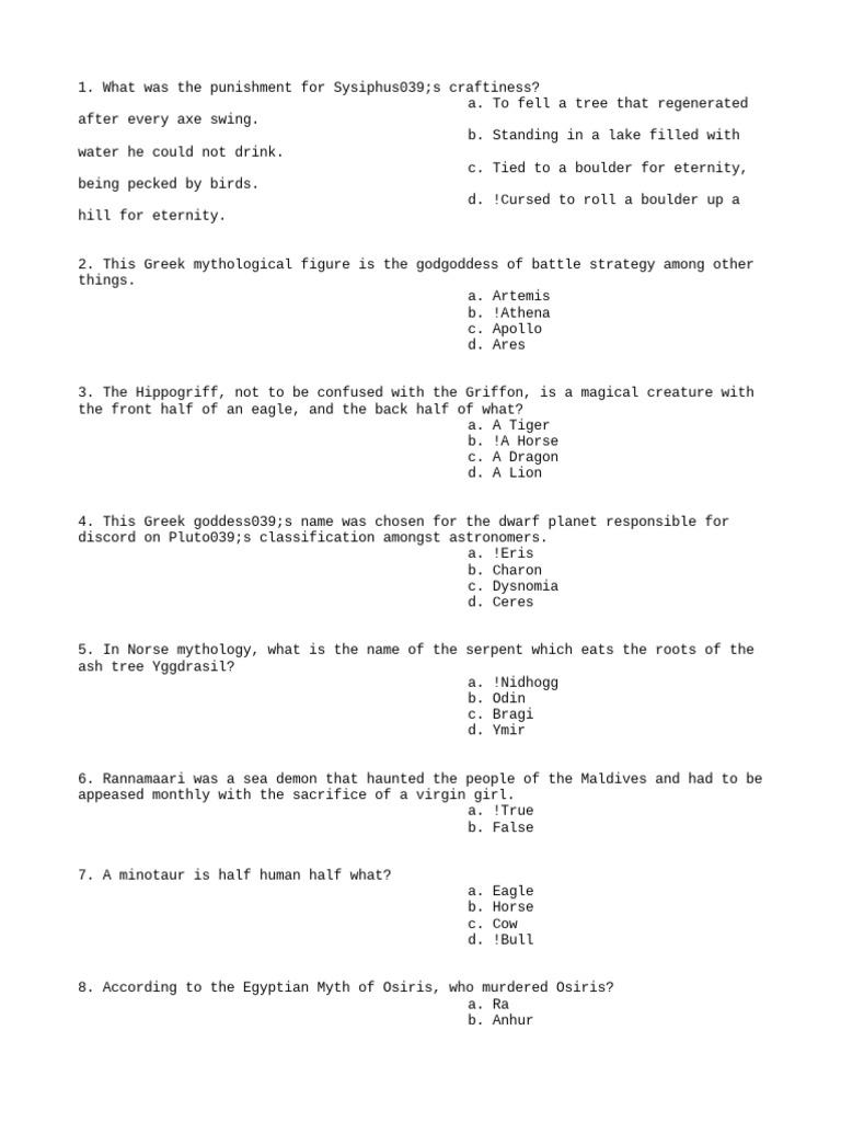 Mythological Trivia An Analysis of Multiple Choice Questions Regarding