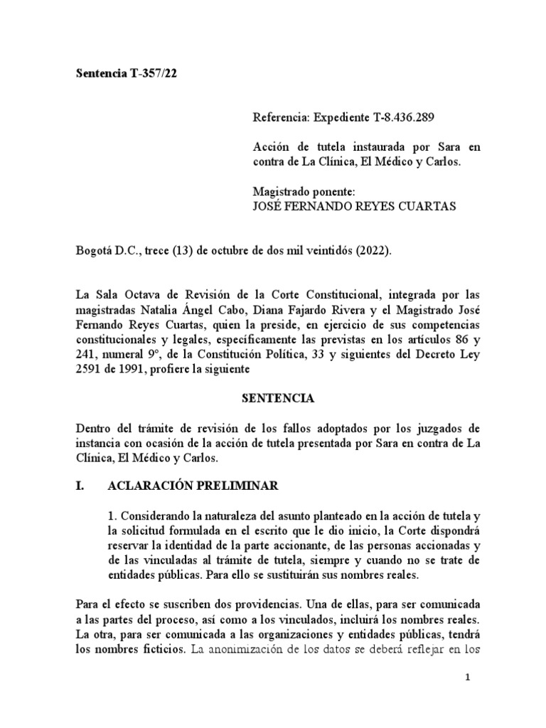 Sentencia T-357/22 | PDF | Fertilización en vitro | Discriminación