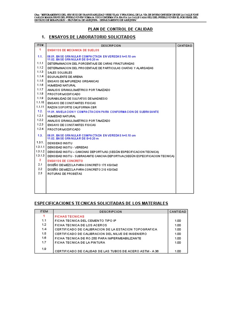 Plan de Control de Calidad Roberto 2022 | PDF | Materiales