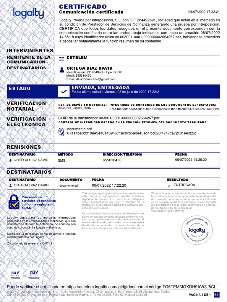 Certificado de Comunicación Logalty | PDF | Tecnologías de la ...