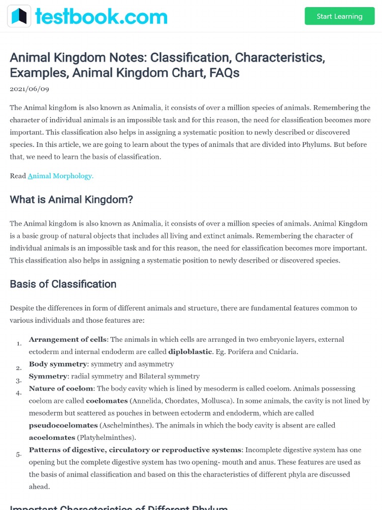 Biology Animal Kingdom Types of Phylum Their Characteristics | PDF