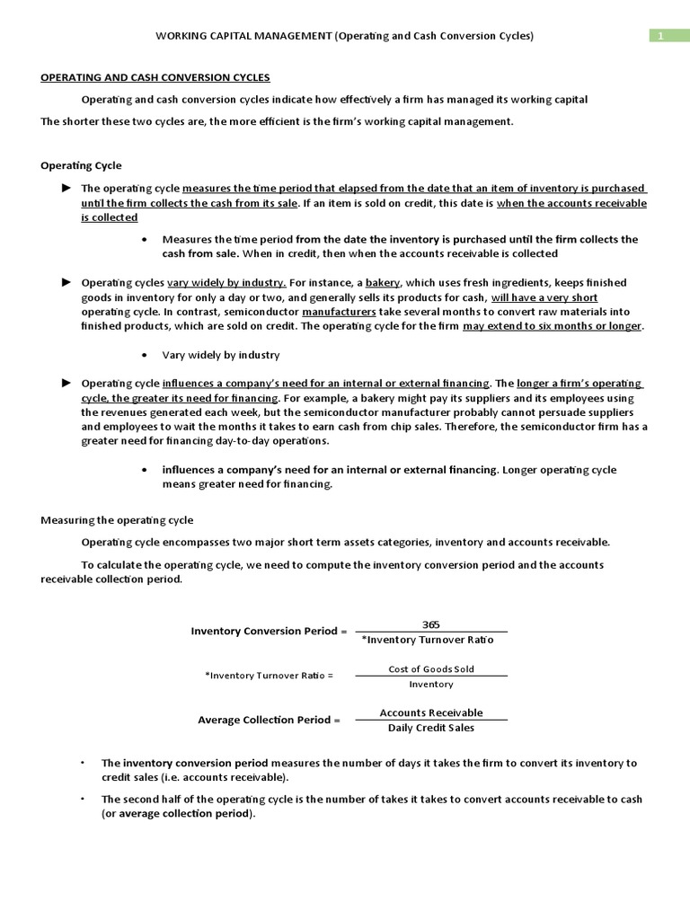 Operating And Cash Conversion Cycles Pdf Inventory Working Capital