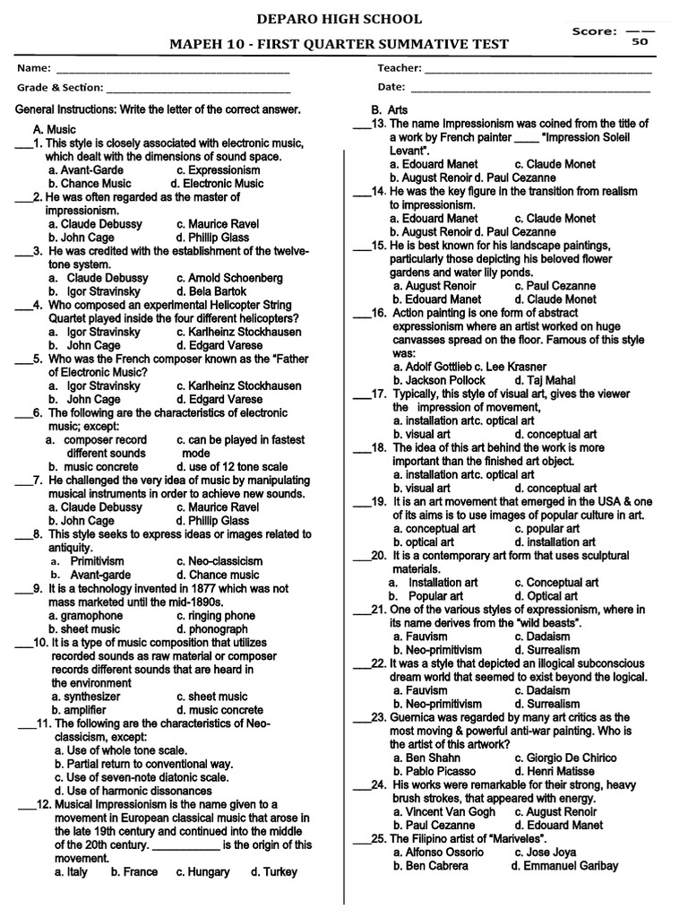 MAPEH 10 First Summative Test | PDF | Health Care | Acupuncture