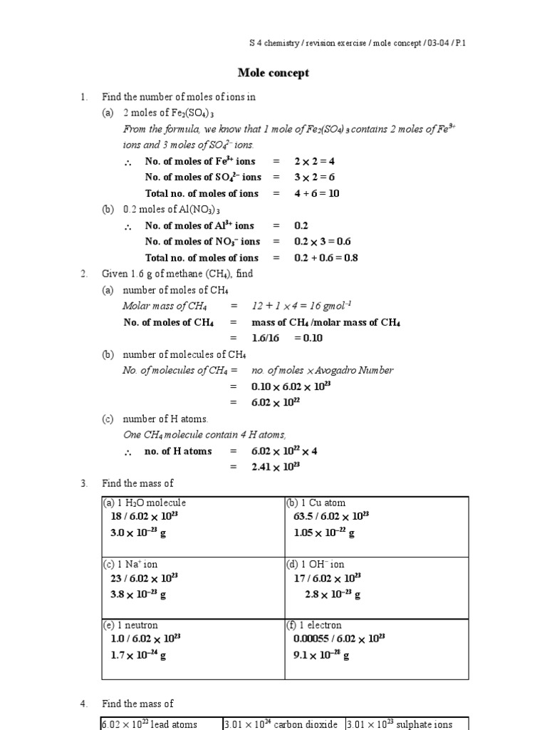 Exercises of Mole Concept (Basic) - Sol | PDF | Mole (Unit) | Molar ...