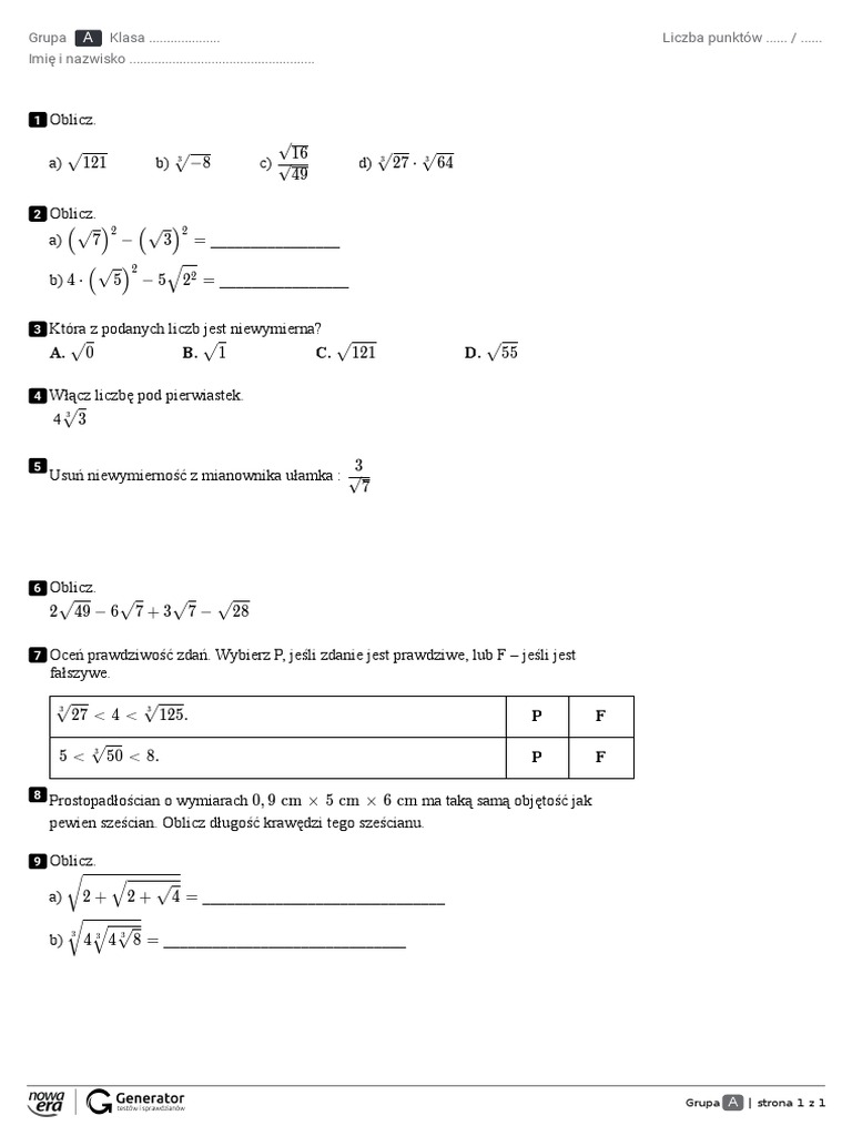 pierwiastki sprawdzian pdf klasa 7