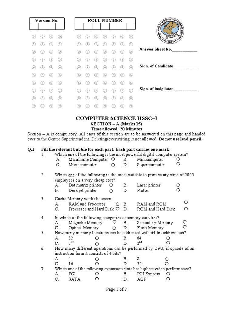 HSSC-I Computer Science Model Paper | PDF | Central Processing Unit ...