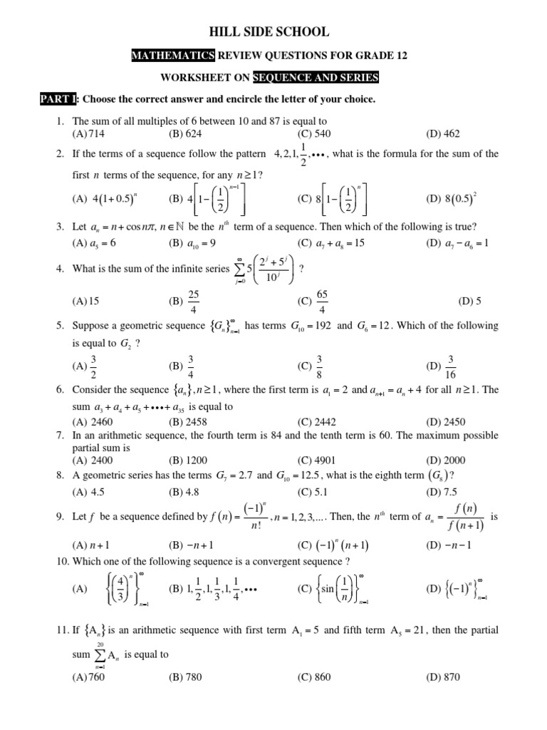 Hillside School Worksheet 1 (Sequence and Series) PDF Sequence