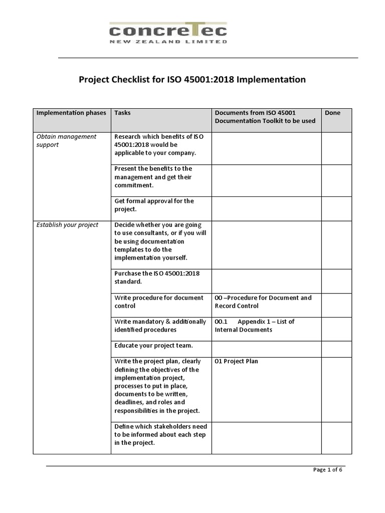 ISO 45001 Implementation Checklist | PDF | Internal Audit | Risk