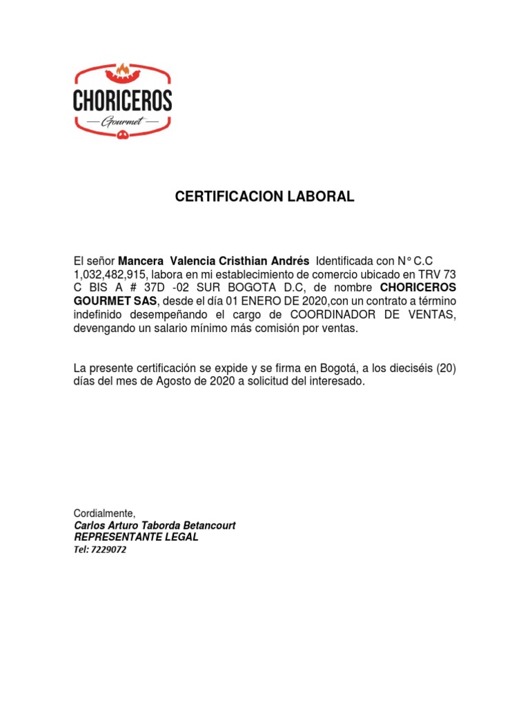 Certificacion Laboral Ejemplo | PDF