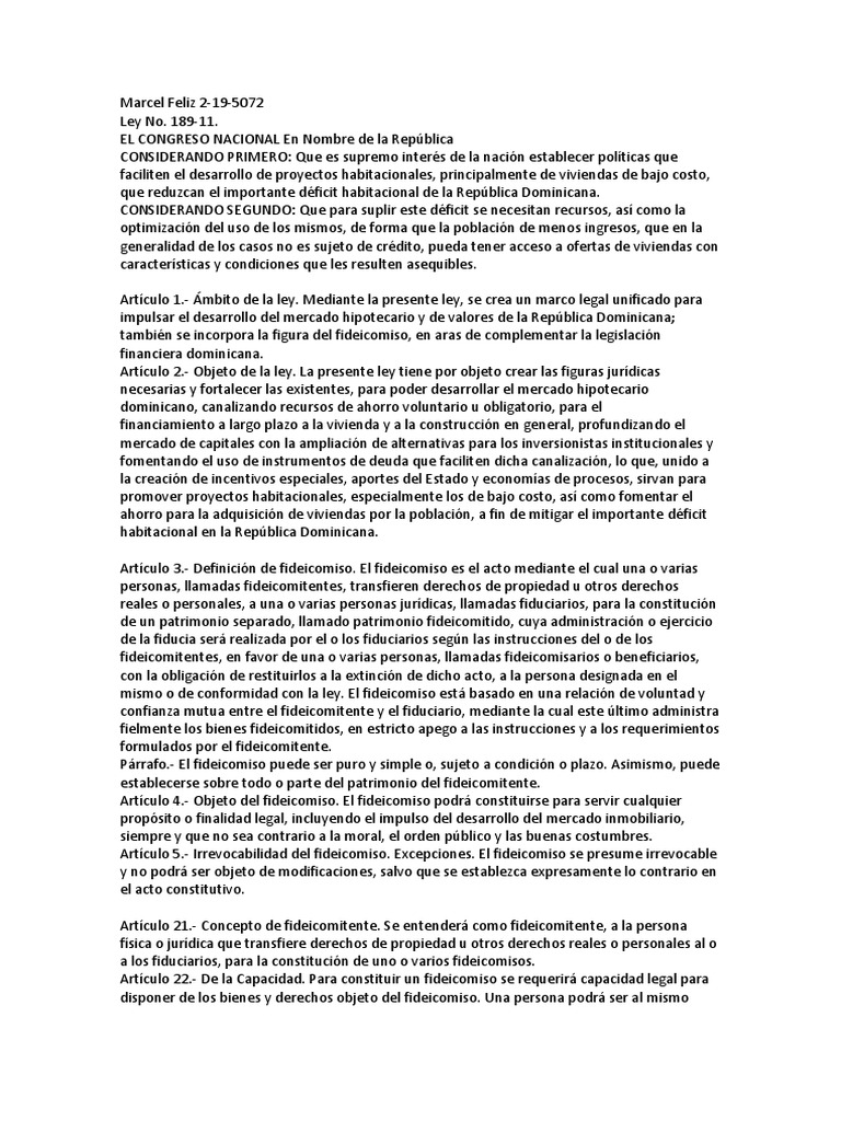 Ley 189-11: Fideicomiso y Vivienda Dominicana | PDF | Ley de ...
