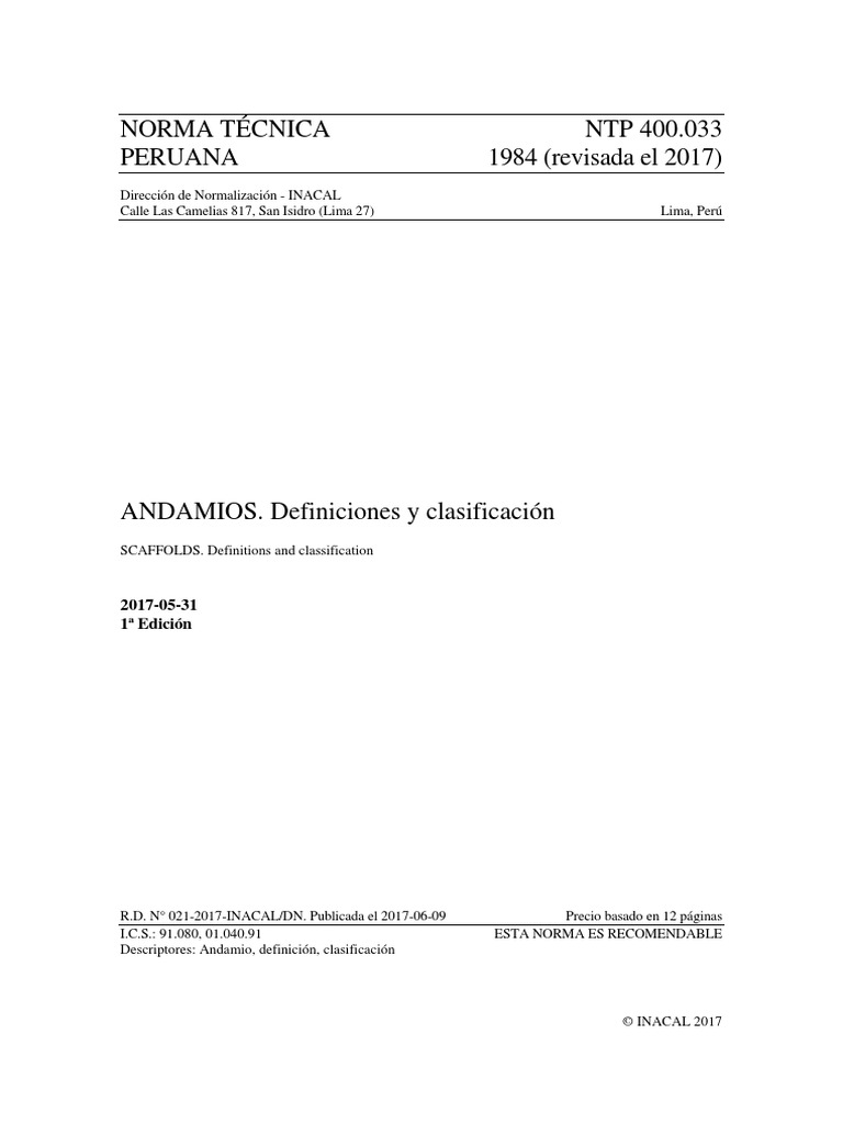 NORMA TÉCNICA NTP PERUANA 1984 (Revisada El 2017) ANDAMIOS ...