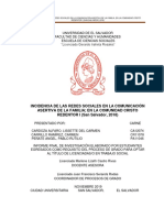 Incidencia de Las Redes Sociales en La Comunicación Asertiva de La Familia en La Comunidad Cristo REDENTOR I (San Salvador, 2018)