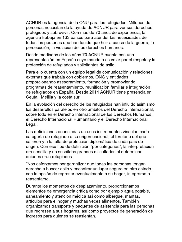 Acnur Es La Agencia De La Onu Para Los Refugiados Pdf Alto