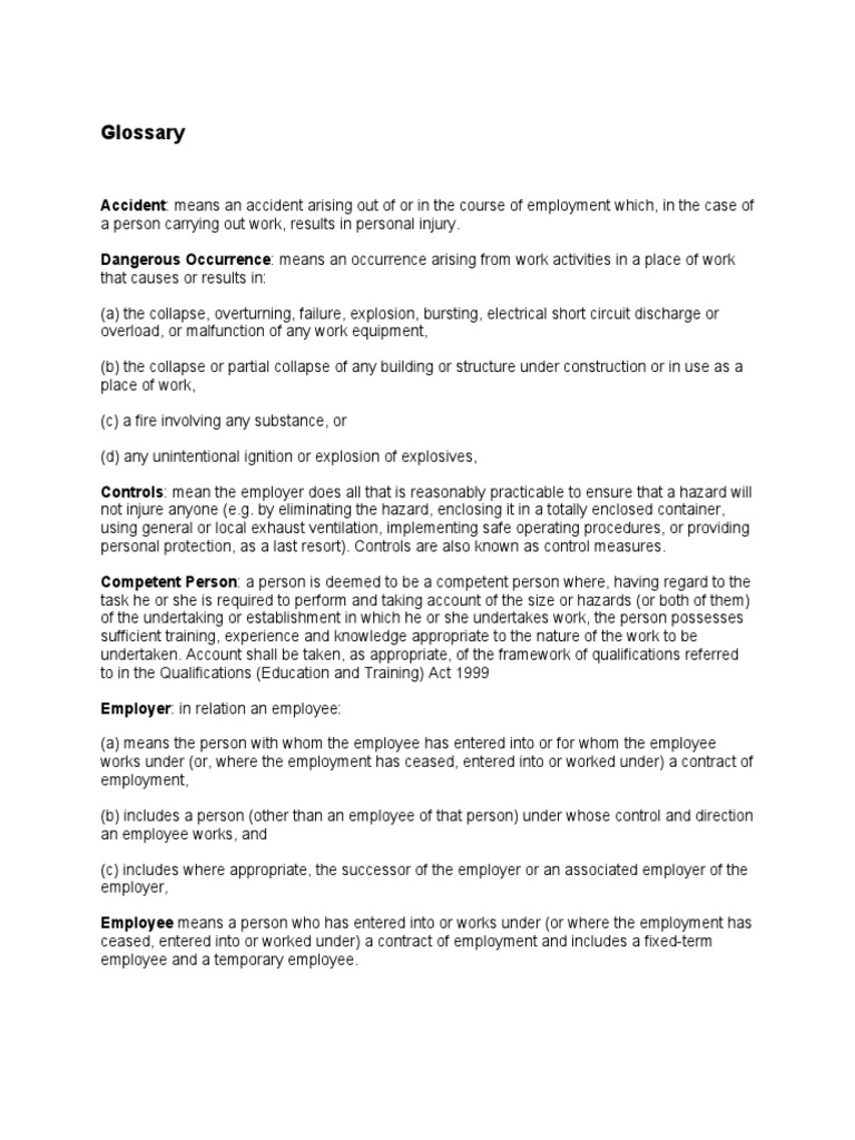 Glossary PDF Occupational Safety And Health Safety