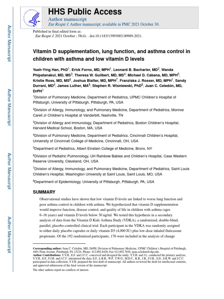 Vitamin D Supplementation, Lung Function, and Asthma Control in Children With Asthma and Low