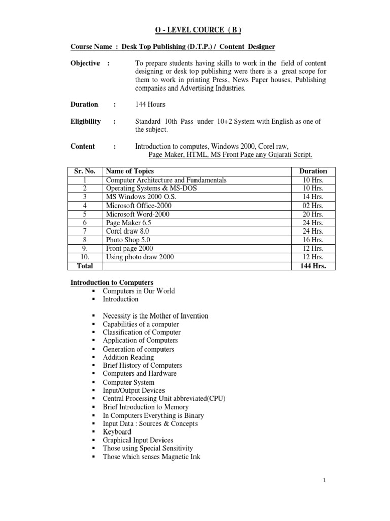 DTP Course Syllabus Typefaces Microsoft Windows