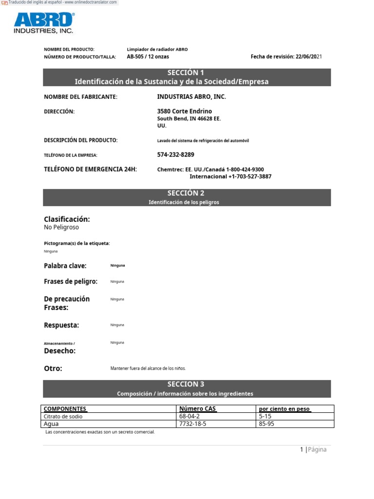 SDS Abro Radiator Flush AB505 PDF Agua Líquidos