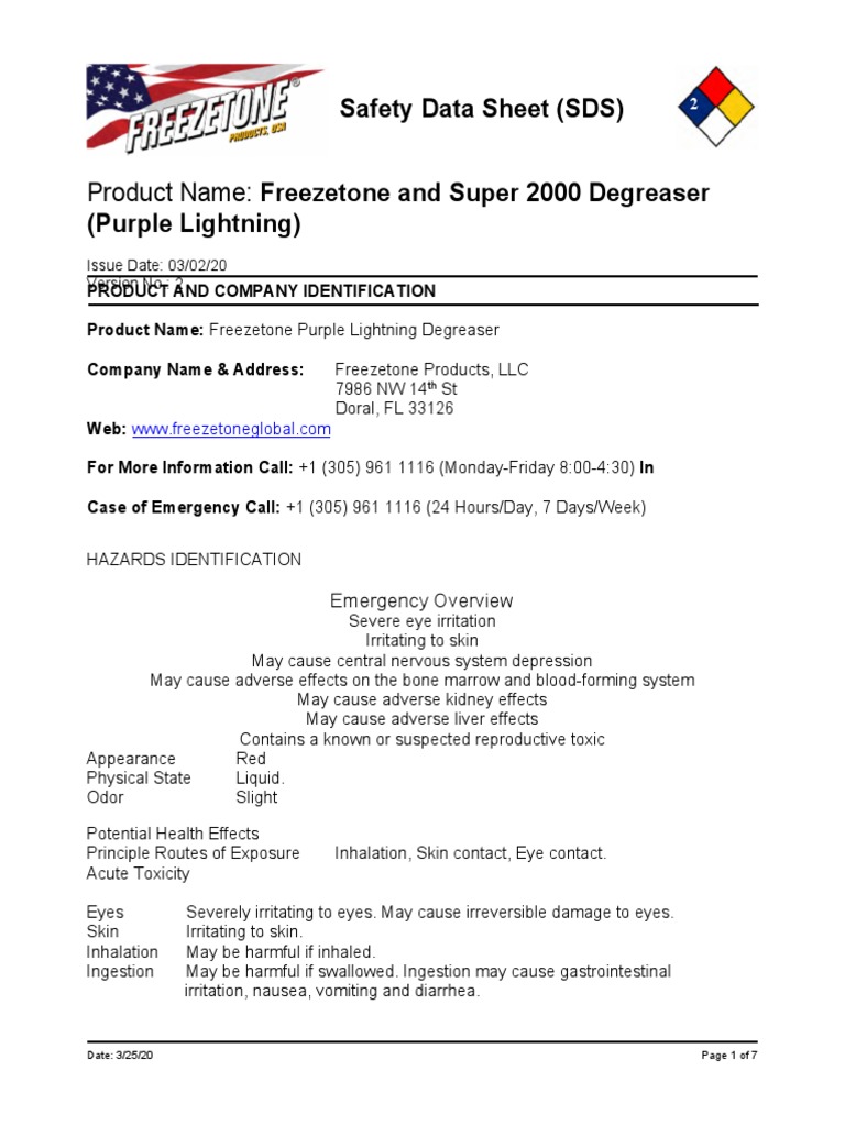 SDS Freezetone Degreaser Purple Lightning ENG 2020 PDF Sodium