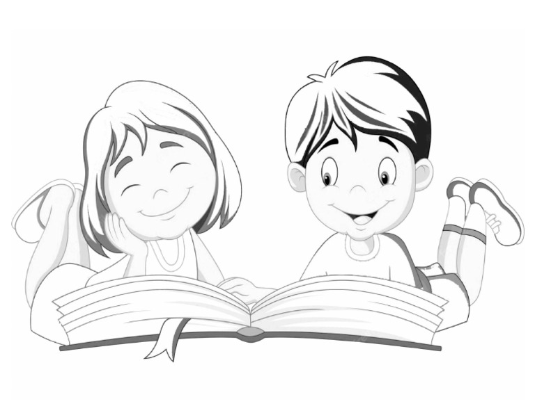 Una página de dibujos para colorear con niños disfrutando de la lectura.