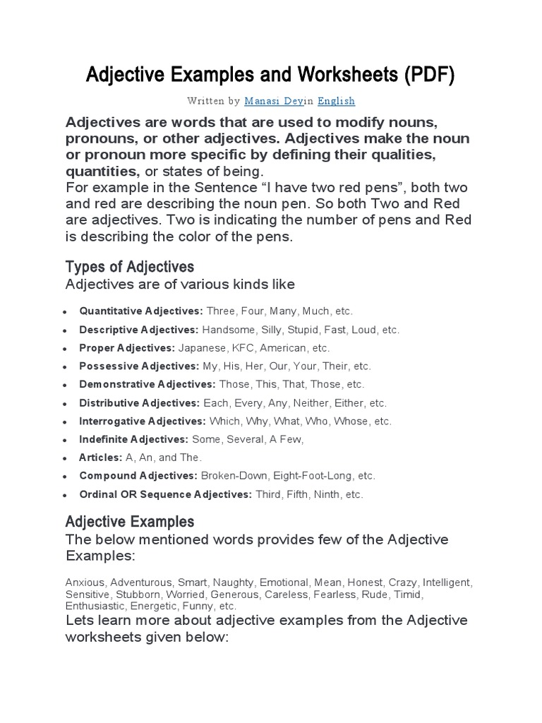 Adjective Types and Worksheets Guide | PDF | Adjective | Noun