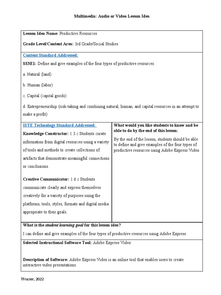 3rd Grade Lesson on Productive Resources | PDF | Multimedia | Learning
