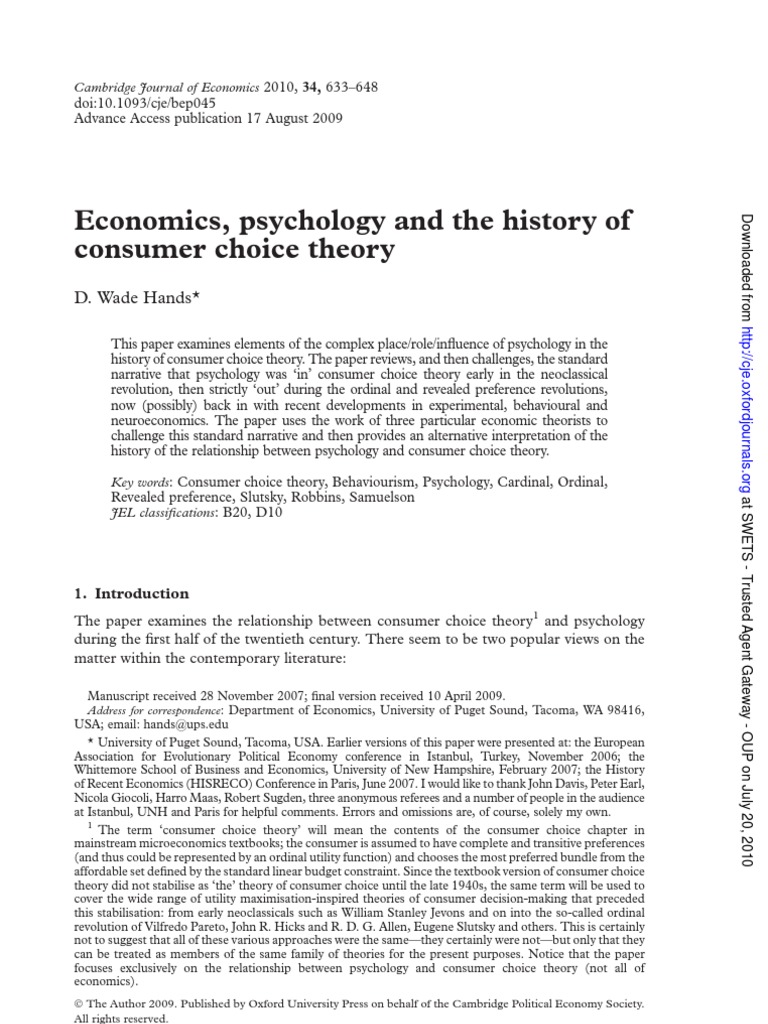 Economics, Psychology and The History of Consumer Choice Theory | PDF ...