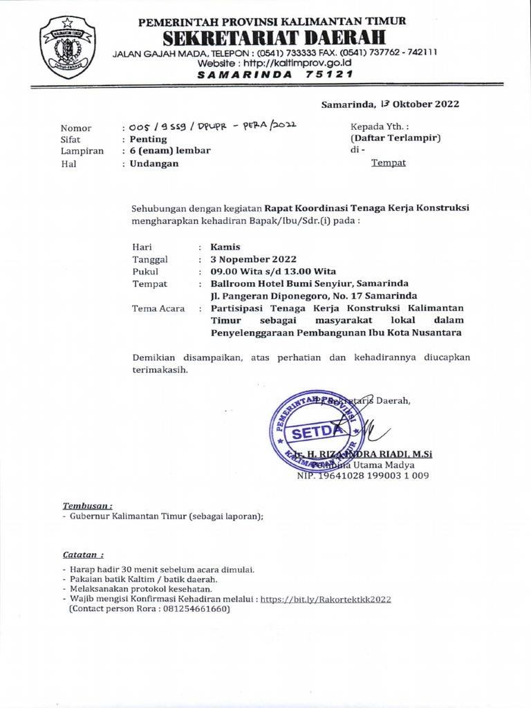 Undangan Rapat Koordinasi Tenaga Kerja Konstruksi | PDF