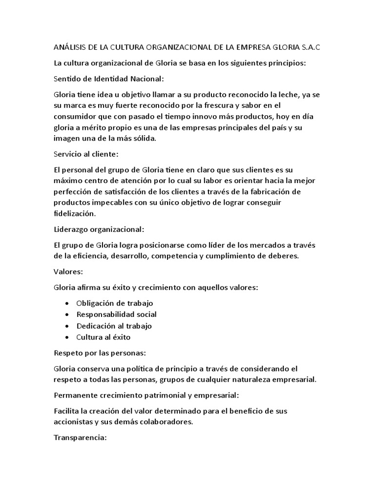 Análisis de La Cultura Organizacional de La Empresa Gloria S | PDF ...