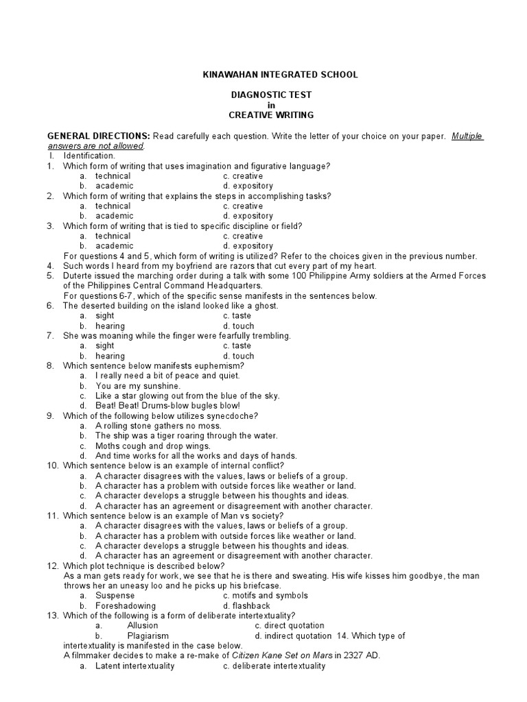 Diagnostic Test Creative Writing | PDF | Poetry | Intertextuality